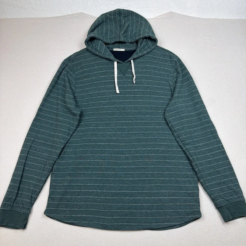 Marine Layer Double Knit Pullover Hoodie Size L Green White Striped Minimalist